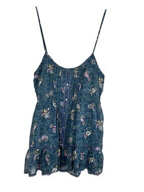 Y2K Babydoll Floral Tank Top Blue M Boho Indie Folk Sheer Peasant Artsy Festival